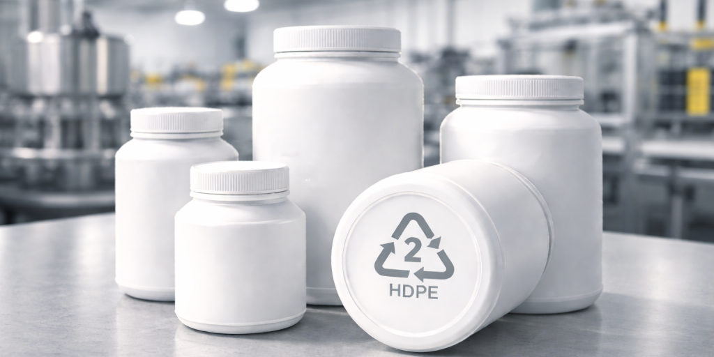 White HDPE jars on work surface